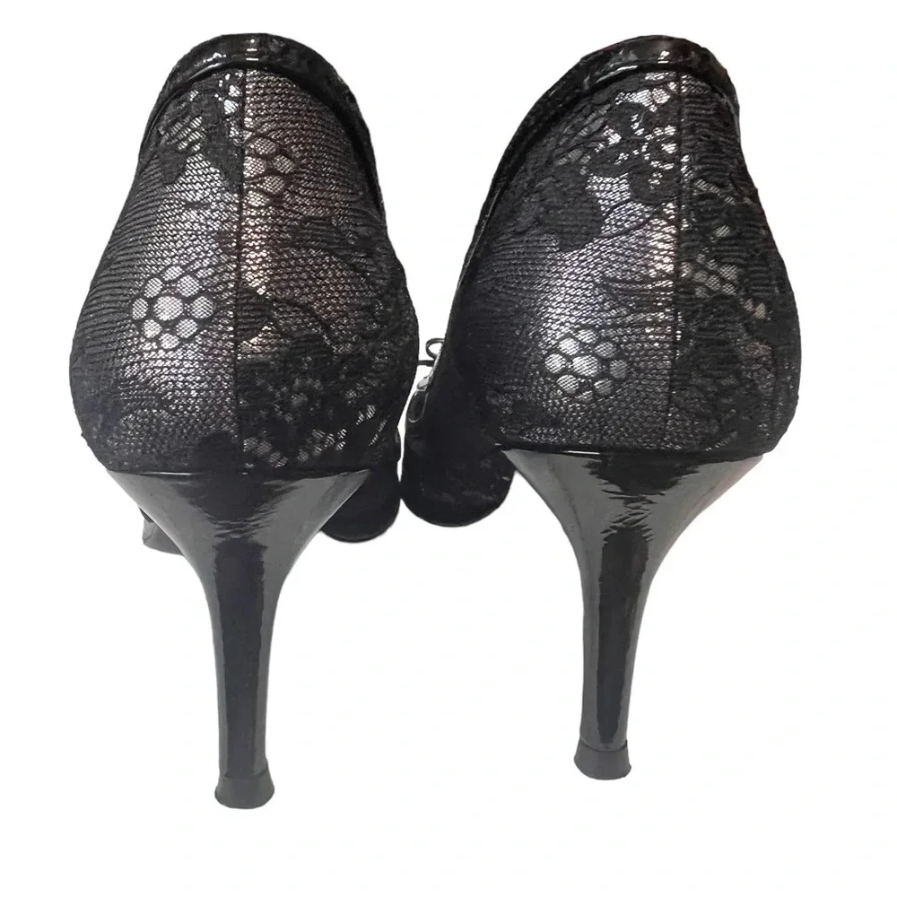 Stuart Weitzman Silver Peep toe Pumps with Black Lace Overlay - Picture 5 of 11